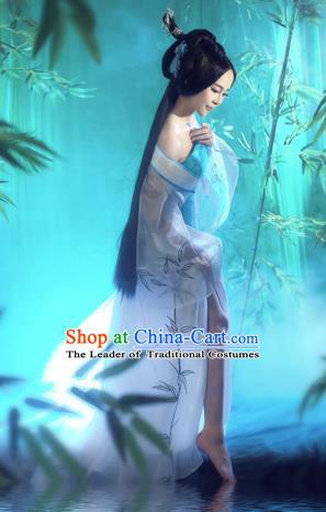 Traditional Ancient Chinese Costume, Costumes Elegant Hanfu Clothing Chinese Tang Dynasty Imperial Emperess Lace Tailing Embroidered Bamboo Leaf Clothing for Women