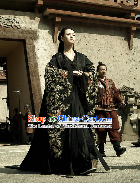 Traditional Ancient Chinese Costume, Elegant Hanfu Clothing, Chinese Han Dynasty Imperial Emperess Tailing Black Embroidered Clothing for Women