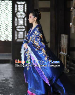 Traditional Ancient Chinese Costume, Elegant Hanfu Clothing, Chinese Han Dynasty Imperial Emperess Tailing Royalblue Embroidered Clothing for Women