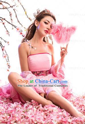 Traditional Ancient Chinese Imperial Consort Sexy Costume, Elegant Hanfu Tube Pink Dress Chinese Han Dynasty Imperial Emperess Tailing Clothing for Women