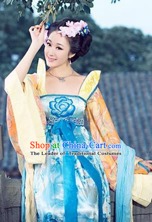 Traditional Ancient Chinese Imperial Consort Costume, Elegant Hanfu Clothing Chinese Tang Dynasty Imperial Emperess Long Water Sleeve Embroidered Clothing for Women