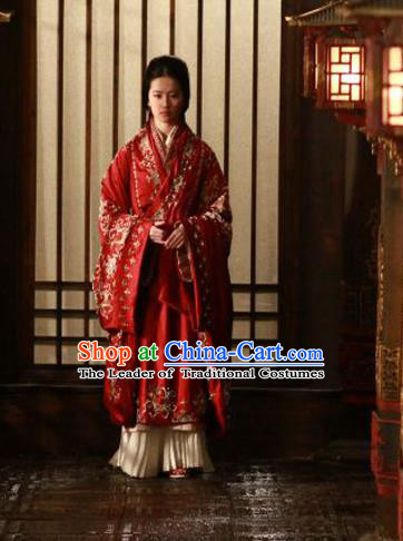 Traditional Ancient Chinese Imperial Consort Wedding Costume, Elegant Hanfu Red Clothing Chinese Han Dynasty Imperial Emperess Tailing Embroidered Clothing for Women