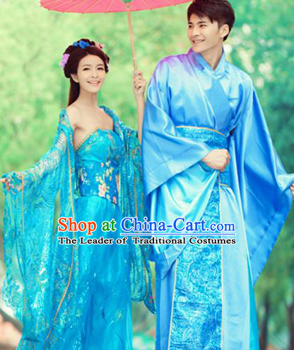 Traditional Ancient Chinese Lovers Costume, Chinese Tang Dynasty Female and Male Dress, Cosplay Chinese Imperial Concubine Embroidered Clothing for Women for Men