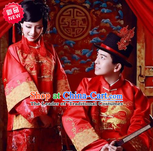 Traditional Ancient Chinese Costume Xiuhe Suits, Chinese Style Bride and Bridegroom Wedding Dress, Red Restoring Ancient Longfeng Dragon And Phoenix Flown Toast Cheongsam for Women for Men