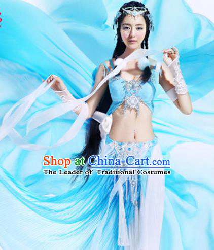 Ancient Chinese Swordsman Elegant Blue Costumes for Women