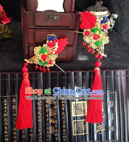 Chinese Wedding Jewelry Accessories Traditional Xiuhe Suits Wedding Bride Headwear Wedding Tiara Ancient Chinese Red Tassel Harpins for Women