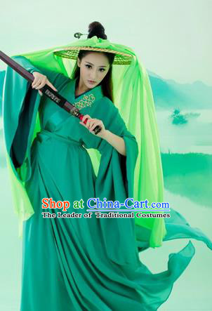 Ancient Chinese Swordsman Green Embroidered Costumes Han Dynasty Clothing for Women