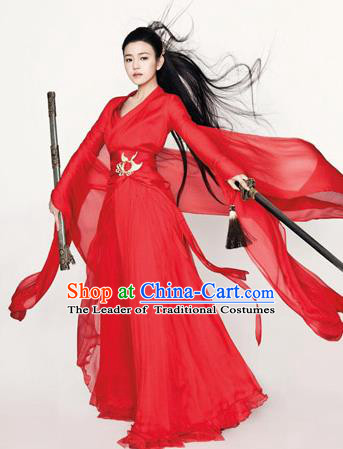 Ancient Chinese Swordsman Elegant Red Costumes Han Dynasty Clothing for Women