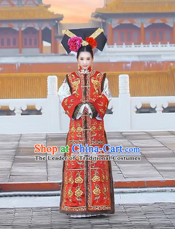 Traditional Ancient Chinese Imperial Consort Costume, Chinese Qing Dynasty Manchu Lady Dress, Chinese Mandarin Phoenix Robes Imperial Concubine Embroidered Clothing for Women