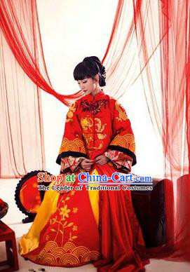 Ancient Chinese Costume Xiuhe Suits Traditional Wedding Dress Red Dragon and Phoenix Flown Cheongsam for Women