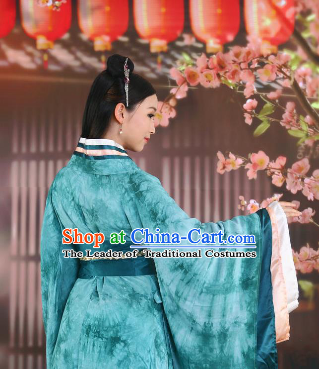 Traditional Ancient Chinese Imperial Consort Costume, Elegant Hanfu Clothing Chinese Han Dynasty Imperial Emperess Green Tie-Dye Tailing Clothing for Women