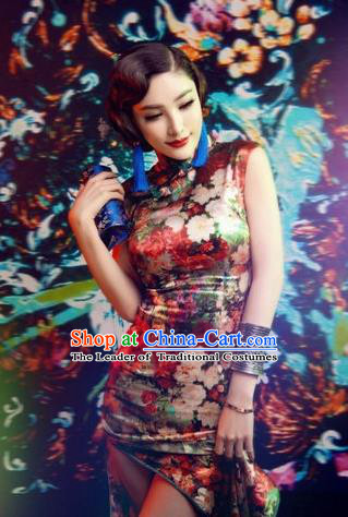 Traditional Ancient Chinese Young Women Cheongsam Dress, Republic of China Tangsuit Stand Collar Brocade Short Cheongsam for Women