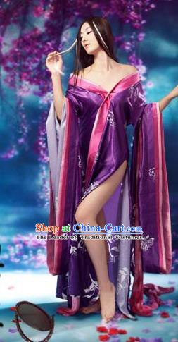 Traditional Ancient Chinese Imperial Consort Sexy Costume, Elegant Hanfu Clothing Chinese Tang Dynasty Imperial Emperess Tailing Purple Clothing for Women