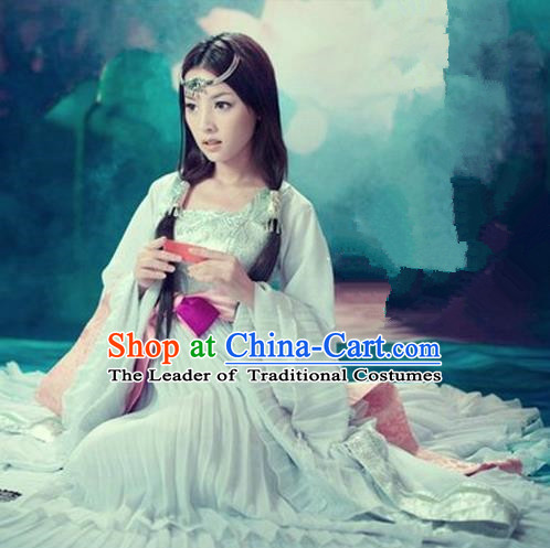 Traditional Ancient Chinese Imperial Consort Sexy Costume, Elegant Hanfu Clothing Chinese Tang Dynasty Imperial Emperess Tailing Blue Clothing for Women