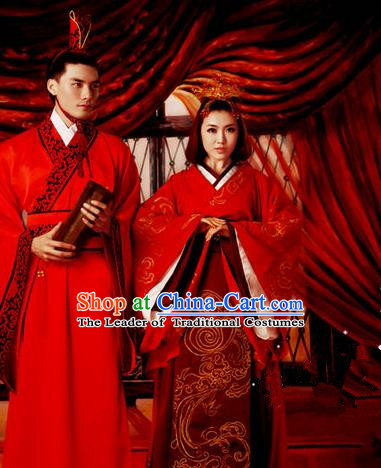 Traditional Ancient Chinese Imperial Emperess and Emperor Costume Complete Set, Chinese Han Dynasty Bride and Bridegroom Wedding Red Dress, Chinese Emperess Emperor Trailing Clothing for Women for Men