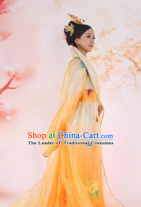 Traditional Ancient Chinese Imperial Consort Costume, Elegant Hanfu Clothing Chinese Tang Dynasty Imperial Emperess Butterfly Peony Tailing Clothing for Women