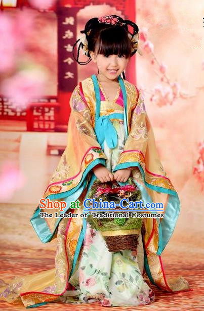 Traditional Ancient Chinese Imperial Empress Children Costume, Children Elegant Hanfu Clothing Chinese Tang Dynasty Imperial Empress Yellow Clothing for Kids