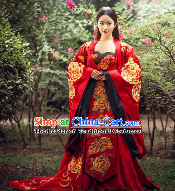 Traditional Ancient Chinese Imperial Consort Wedding Costume, Elegant Hanfu Red Dress, Chinese Tang Dynasty Imperial Emperess Tailing Embroidered Peony Clothing for Women