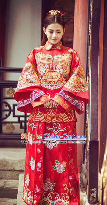 Traditional Ancient Chinese Costume Xiuhe Suits, Chinese Style Wedding Bride Dress, Restoring Ancient Women Red Embroidered Mandarin Duck Flown, Bride Toast Cheongsam for Women