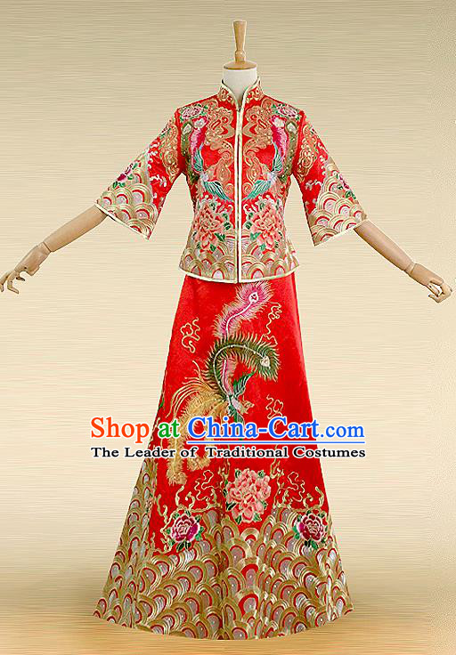 Traditional Ancient Chinese Costume Hot Fix Rhinestone Xiuhe Suits, Chinese Style Wedding Bride Fishtail Full Dress, Restoring Ancient Women Red Embroidered Dragon and Phoenix Slim Flown, Bride Toast Cheongsam for Women