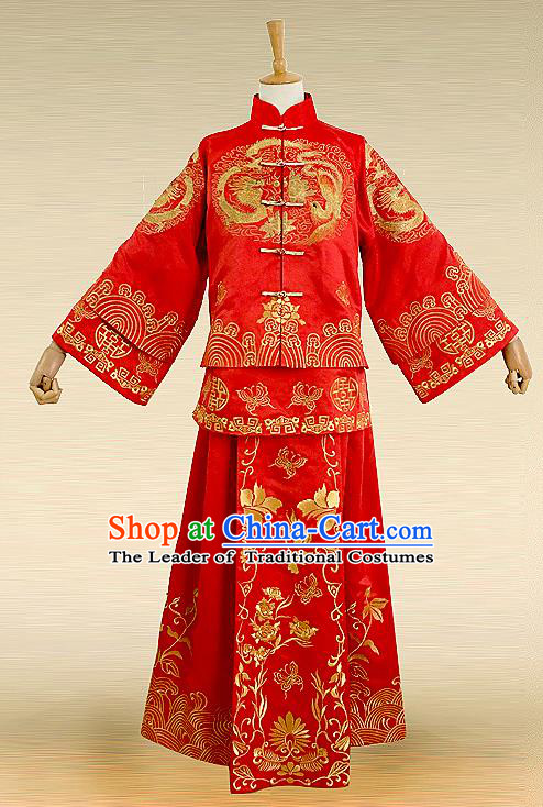 Traditional Ancient Chinese Costume Twin Bliss Xiuhe Suits, Chinese Style Wedding Bride Full Dress, Restoring Ancient Women Red Embroidered Dragon and Phoenix Flown, Bride Toast Cheongsam for Women