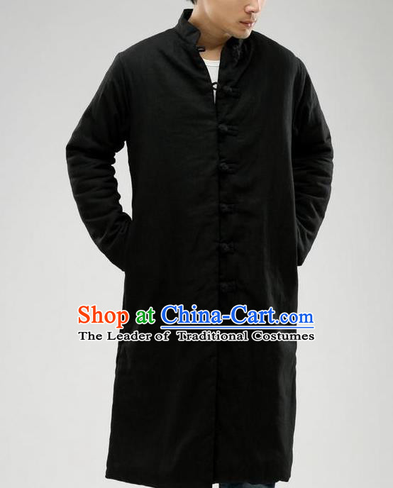 Top Chinese National Tang Suits Flax Frock Costume, Martial Arts Kung Fu Training Uniform Kung fu Unlined Upper Garment Cotton-Padded Coats, Chinese Male Black Zen Suit, Taichi Suits Long Robe Wushu Clothing for Men