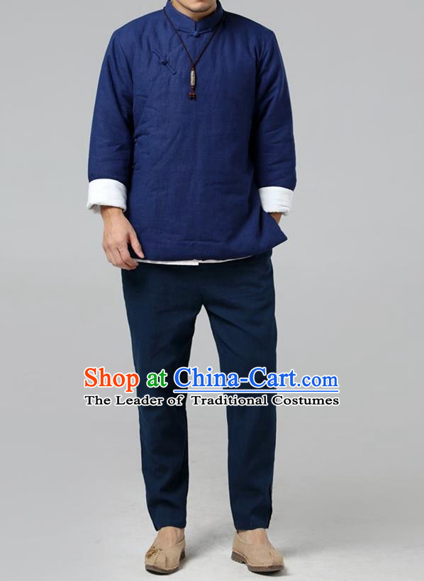 Top Chinese National Tang Suits Flax Frock Costume, Martial Arts Kung Fu Slant Opening Blue Jackets, Kung fu Plate Buttons Unlined Upper Garment, Chinese Taichi Cotton-Padded Coats Wushu Clothing for Men