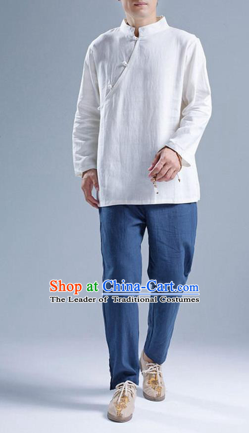 Top Chinese National Tang Suits Flax Frock Costume, Martial Arts Kung Fu Slant Opening White Blouse, Kung fu Plate Buttons Unlined Upper Garment, Chinese Taichi Shirts Wushu Clothing for Men