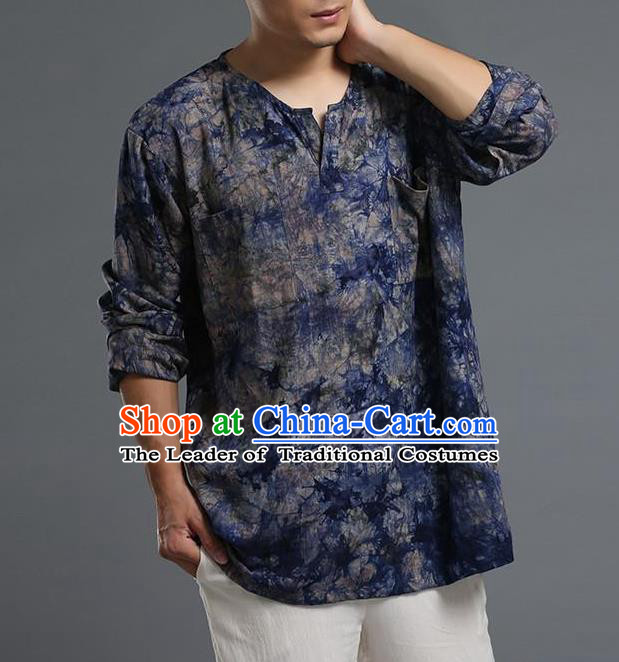 Traditional Top Chinese Yunnan National Tang Suits Flax Frock Costume, Martial Arts Kung Fu Long Sleeve Grasp the  Dye T-shirt, Kung fu Plate Buttons Unlined Upper Garment Blouse, Chinese Taichi Printing Shirts Wushu Clothing for Men