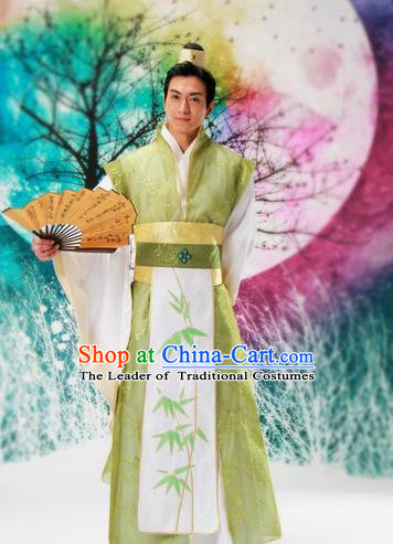 Traditional Ancient Chinese Nobility Childe Costume, Hanfu Dress Chinese Tang Dynasty Imperial Prince Embroidered Bamboo Leaf Clothing for Men