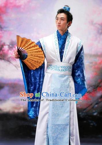 Traditional Ancient Chinese Nobility Childe Costume, Chinese Scholar Hanfu Dress Chinese Tang Dynasty Imperial Prince Embroidered Blue Clothing for Men