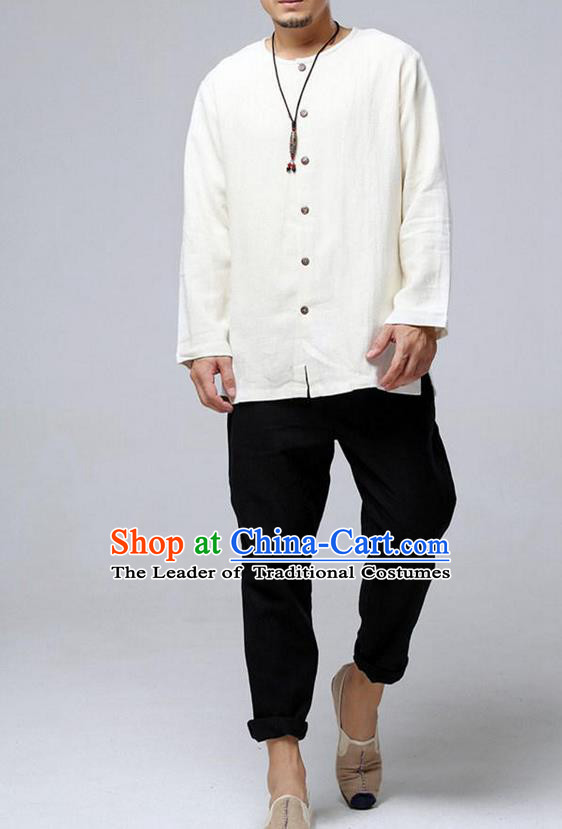 Traditional Top Chinese National Tang Suits Flax Frock Costume, Martial Arts Kung Fu Front Opening White Blouse, Kung fu Unlined Upper Garment, Chinese Taichi Shirts Wushu Clothing for Men