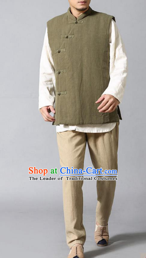 Traditional Top Chinese National Tang Suits Linen Frock Costume, Martial Arts Kung Fu Slant Opening Olive Green Vests, Kung fu Plate Buttons Waistcoat, Chinese Taichi Cotton-Padded Vest Wushu Clothing for Men
