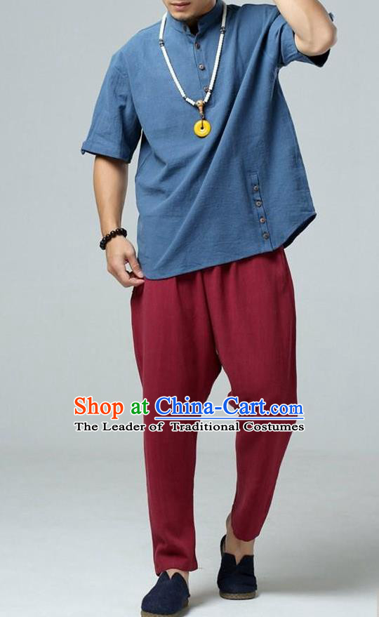Traditional Top Chinese National Tang Suits Linen Frock Costume, Martial Arts Kung Fu Stand Collar Short Sleeve Blue T-Shirt, Kung fu Plate Buttons Upper Outer Garment, Chinese Taichi Shirts Wushu Clothing for Men