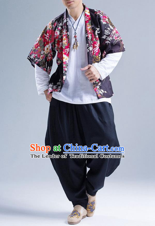 Traditional Top Chinese National Tang Suits Linen Frock Costume, Martial Arts Kung Fu Printing Flowers Cardigan, Kung fu Thin Upper Outer Garment, Chinese Taichi Thin Coats Wushu Clothing for Men