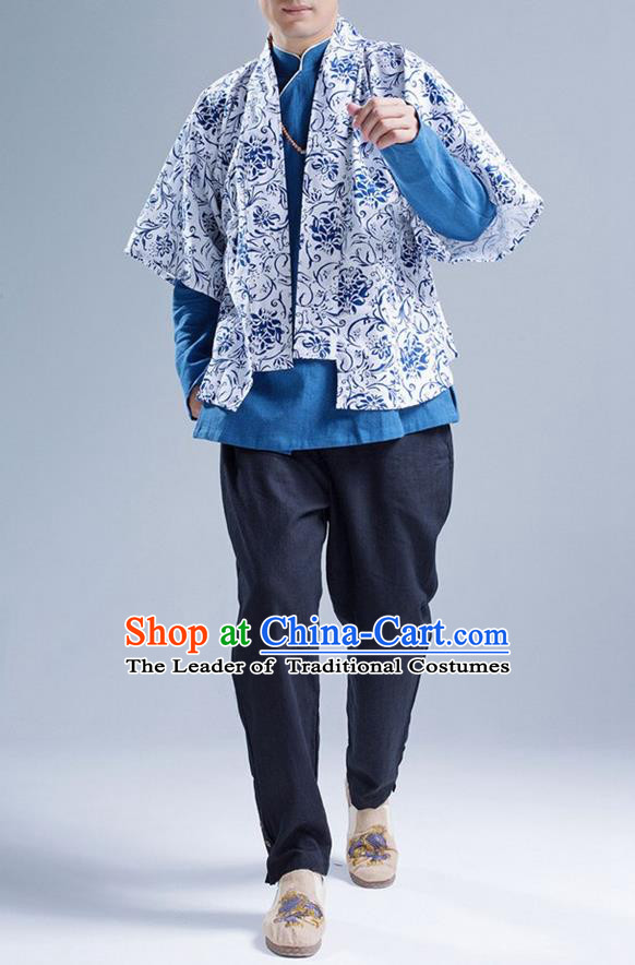 Traditional Top Chinese National Tang Suits Linen Frock Costume, Martial Arts Kung Fu Printing Blue-and-White Cardigan, Kung fu Thin Upper Outer Garment, Chinese Taichi Thin Coats Wushu Clothing for Men