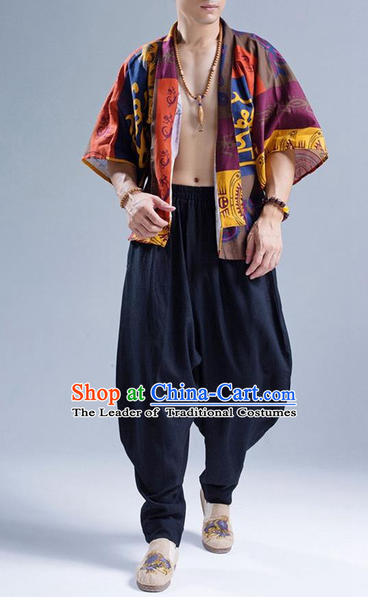 Traditional Top Chinese National Tang Suits Linen Frock Costume, Martial Arts Kung Fu Printing Rock Art Figure Cardigan, Kung fu Thin Upper Outer Garment, Chinese Taichi Thin Coats Wushu Clothing for Men