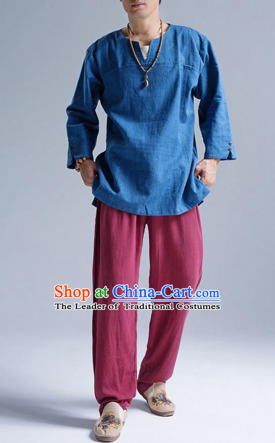 Traditional Top Chinese National Tang Suits Linen Frock Costume, Martial Arts Kung Fu Long Sleeve Light Blue T-Shirt, Kung fu Upper Outer Garment, Chinese Taichi Shirts Wushu Clothing for Men