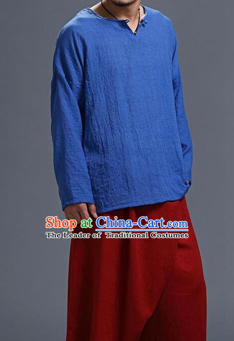 Traditional Top Chinese National Tang Suits Cotton Frock Costume, Martial Arts Kung Fu Long Sleeve Light Blue T-Shirt, Kung fu Unlined Upper Garment, Chinese Taichi Shirts Wushu Clothing for Men