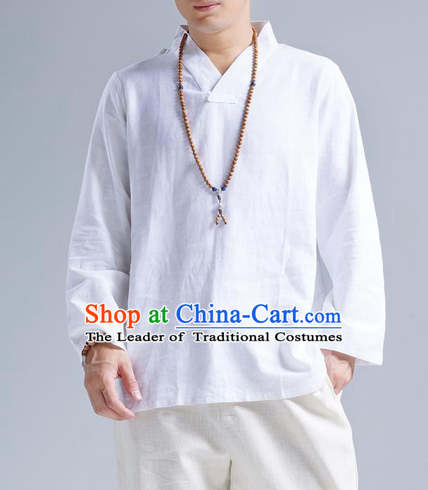 Traditional Top Chinese National Tang Suits Linen Frock Costume, Martial Arts Kung Fu Long Sleeve White Blouse, Kung fu Unlined Upper Garment Meditation Suit, Chinese Taichi Shirts Wushu Clothing for Men