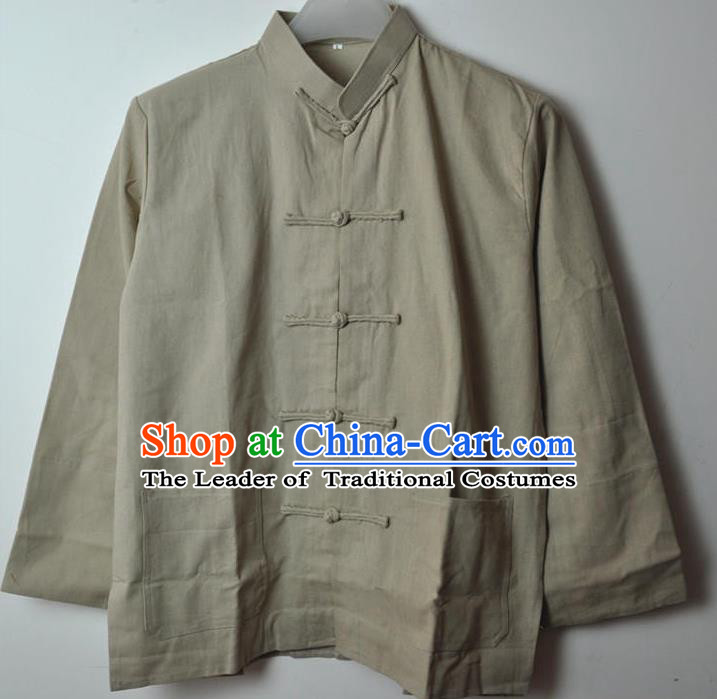Traditional Top Chinese National Tang Suits Linen Costume, Martial Arts Kung Fu Front Opening Grey Coats, Kung fu Plate Buttons Jacket, Chinese Taichi Short Coats Wushu Clothing for Men