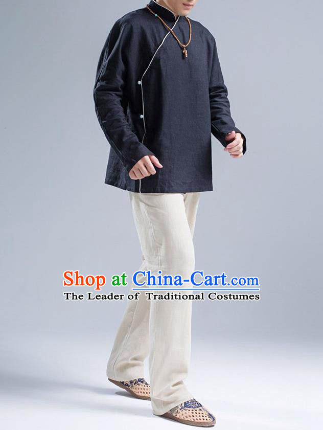 Traditional Top Chinese National Tang Suits Linen Frock Costume, Martial Arts Kung Fu Slant Opening Black Jacket Shirt, Kung fu Jade Buckle Thin Upper Outer Garment Blouse, Chinese Taichi Thin Coats Wushu Clothing for Men