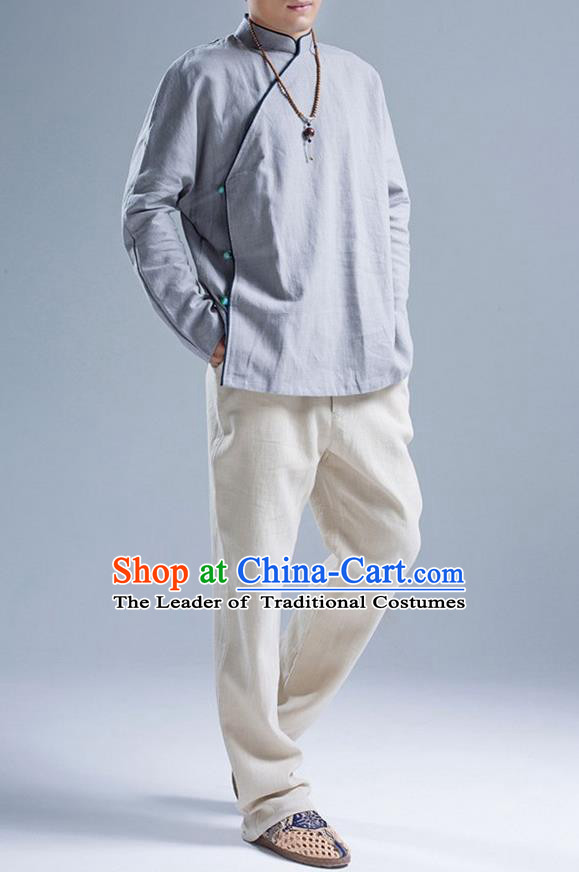 Traditional Top Chinese National Tang Suits Linen Frock Costume, Martial Arts Kung Fu Slant Opening Grey Jacket Shirt, Kung fu Jade Buckle Thin Upper Outer Garment Blouse, Chinese Taichi Thin Coats Wushu Clothing for Men
