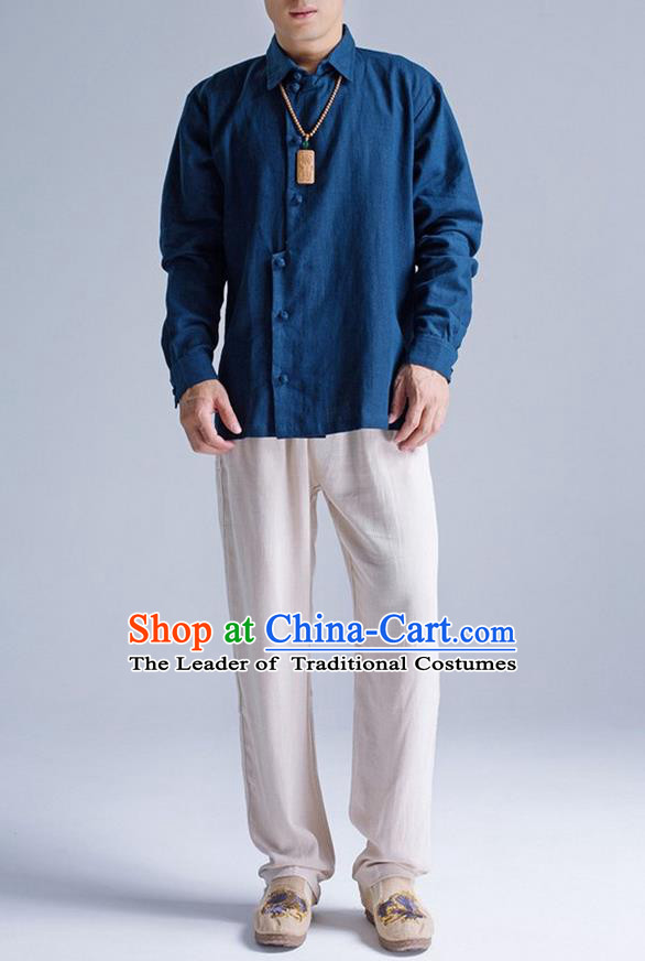 Traditional Top Chinese National Tang Suits Linen Frock Costume, Martial Arts Kung Fu Asymmetric Opening Navy Shirt, Kung fu Plate Buttons Thin Upper Outer Garment Blouse, Chinese Taichi Thin Shirts Wushu Clothing for Men