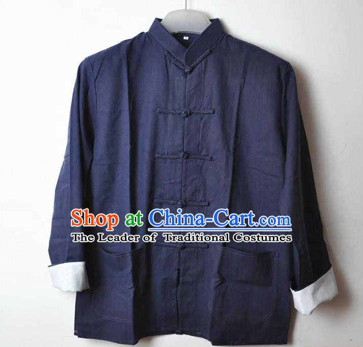Traditional Top Chinese National Tang Suits Linen Costume, Martial Arts Kung Fu Front Opening Blue Coats, Kung fu Plate Buttons Jacket, Chinese Taichi Short Coats Wushu Clothing for Men