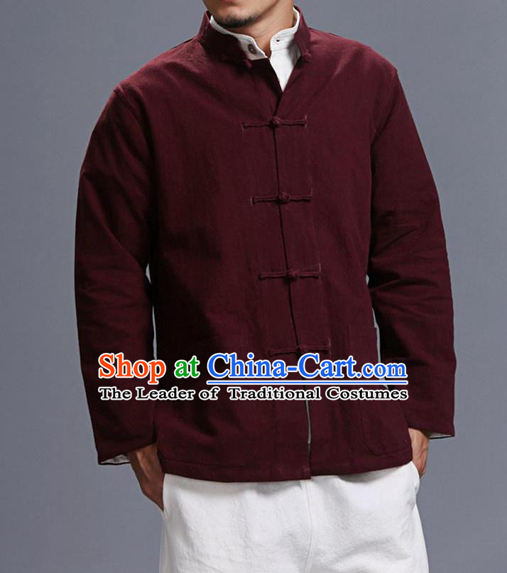 Traditional Top Chinese National Tang Suits Linen Costume, Martial Arts Kung Fu Front Opening Stand Collar Dark Red Coats, Kung fu Plate Buttons Jacket, Chinese Taichi Short Coats Wushu Clothing for Men