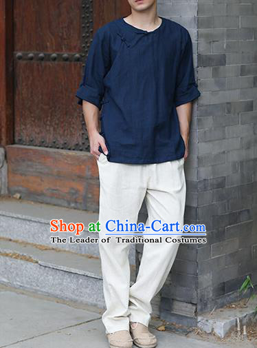 Traditional Top Chinese National Tang Suits Linen Frock Costume, Martial Arts Kung Fu Slant Opening Navy T-Shirt, Kung fu Plate Buttons Upper Outer Garment Half Sleeve Blouse, Chinese Taichi Thin Shirts Wushu Clothing for Men