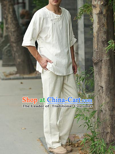 Traditional Top Chinese National Tang Suits Linen Frock Costume, Martial Arts Kung Fu Slant Opening Beige T-Shirt, Kung fu Plate Buttons Upper Outer Garment Half Sleeve Blouse, Chinese Taichi Thin Shirts Wushu Clothing for Men