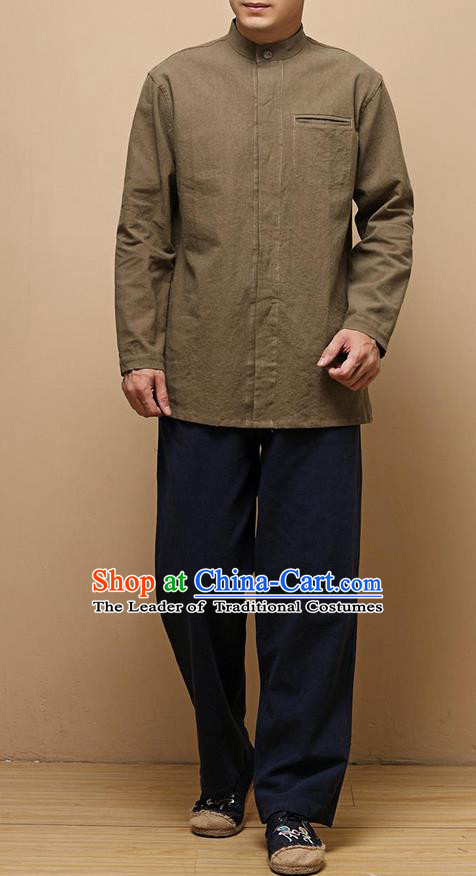 Traditional Top Chinese National Tang Suits Linen Frock Costume, Martial Arts Kung Fu Chinese Tunic Suit Brown Shirt, Sun Yat Sen Suit Thin Upper Outer Garment Blouse, Chinese Taichi Thin Shirts Wushu Clothing for Men
