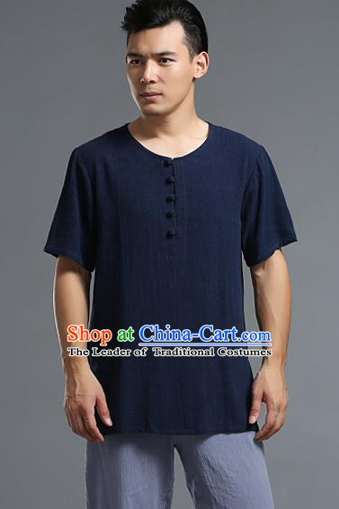 Traditional Top Chinese National Tang Suits Linen Frock Costume, Martial Arts Kung Fu Long Sleeve Navy T-Shirt, Kung fu Plate Buttons Upper Outer Garment Blouse, Chinese Taichi Thin Shirts Wushu Clothing for Men